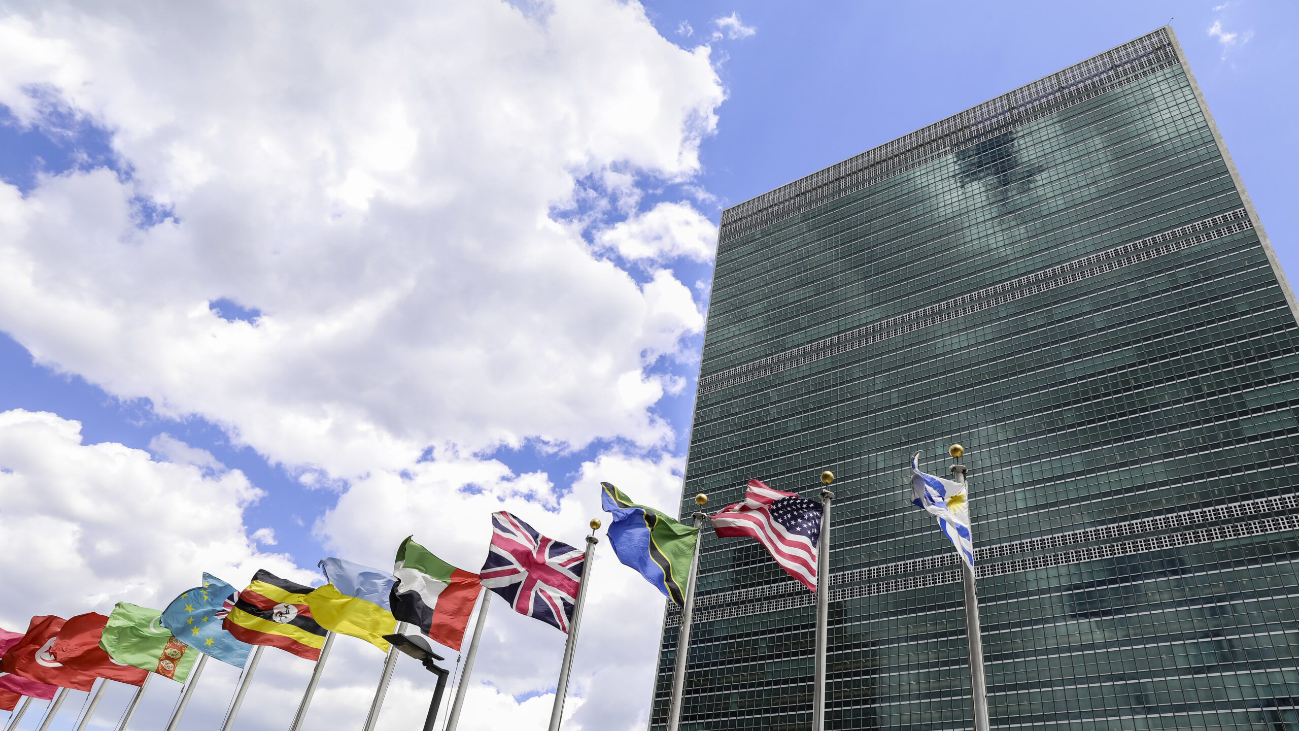 Flags of different countries against the background of the Unite
